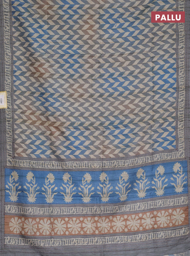 Semi tussar saree blue shade and grey shade with allover geometric prints and kantha stitch work border