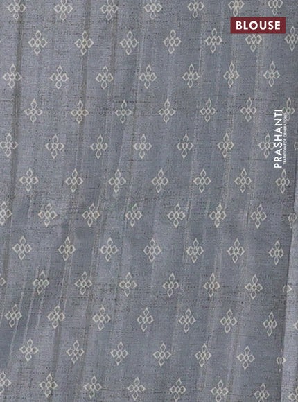 Semi tussar saree blue shade and grey shade with allover geometric prints and kantha stitch work border