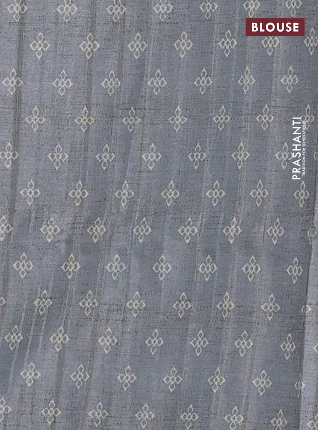 Semi tussar saree blue shade and grey shade with allover geometric prints and kantha stitch work border