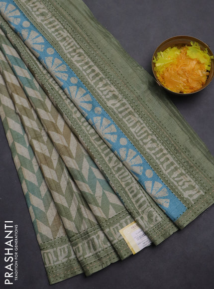 Semi tussar saree pastel green and teal blue with allover geometric prints and kantha stitch work border