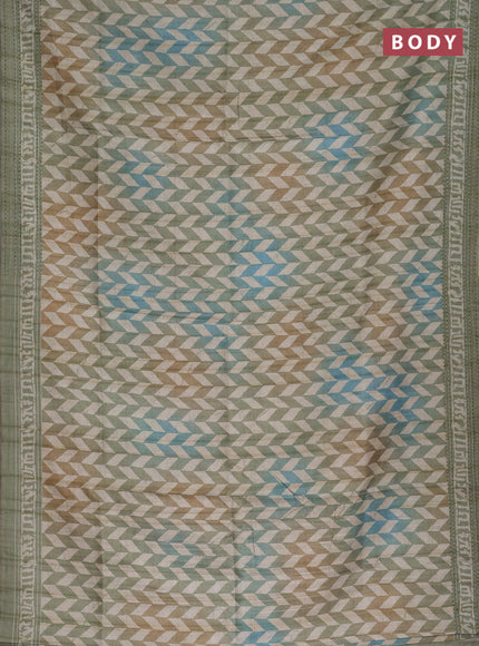 Semi tussar saree pastel green and teal blue with allover geometric prints and kantha stitch work border