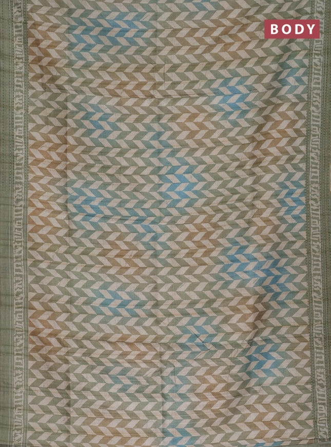 Semi tussar saree pastel green and teal blue with allover geometric prints and kantha stitch work border