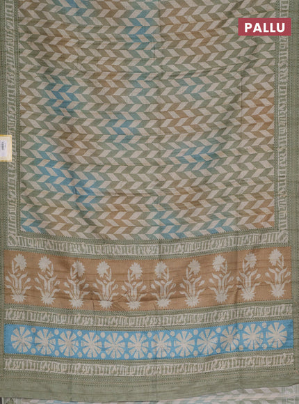 Semi tussar saree pastel green and teal blue with allover geometric prints and kantha stitch work border