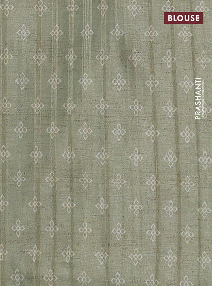 Semi tussar saree pastel green and teal blue with allover geometric prints and kantha stitch work border