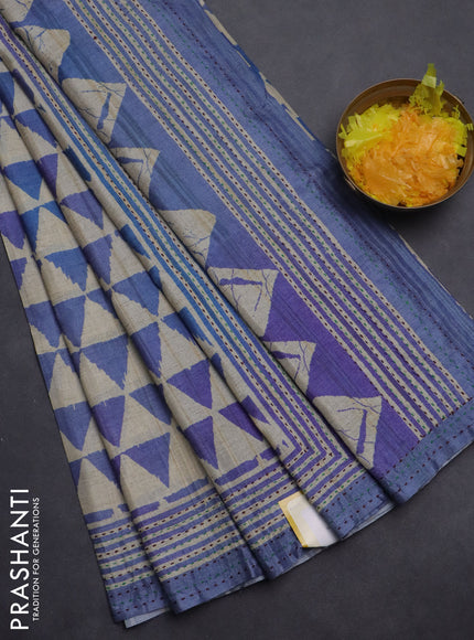 Semi tussar saree beige and blue with allover geometric prints and kantha stitch work border