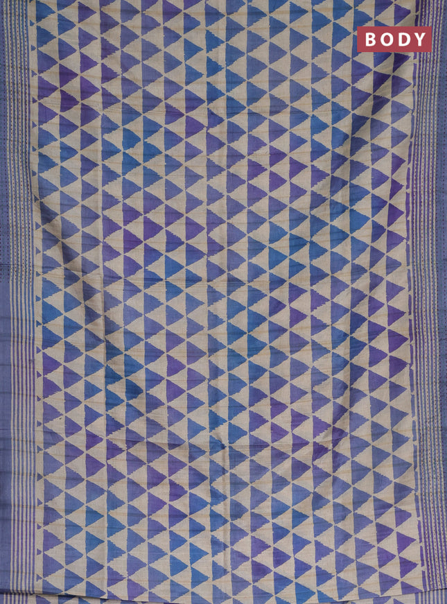 Semi tussar saree beige and blue with allover geometric prints and kantha stitch work border