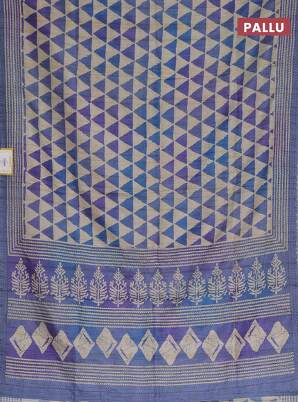 Semi tussar saree beige and blue with allover geometric prints and kantha stitch work border