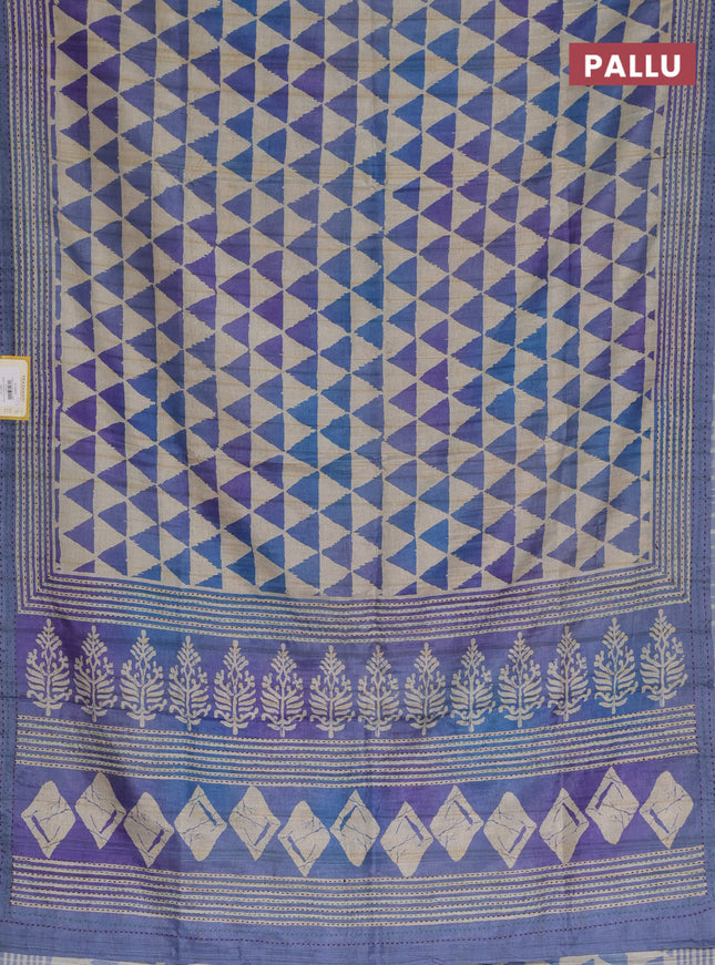 Semi tussar saree beige and blue with allover geometric prints and kantha stitch work border