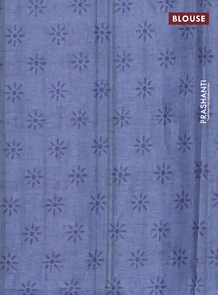 Semi tussar saree beige and blue with allover geometric prints and kantha stitch work border
