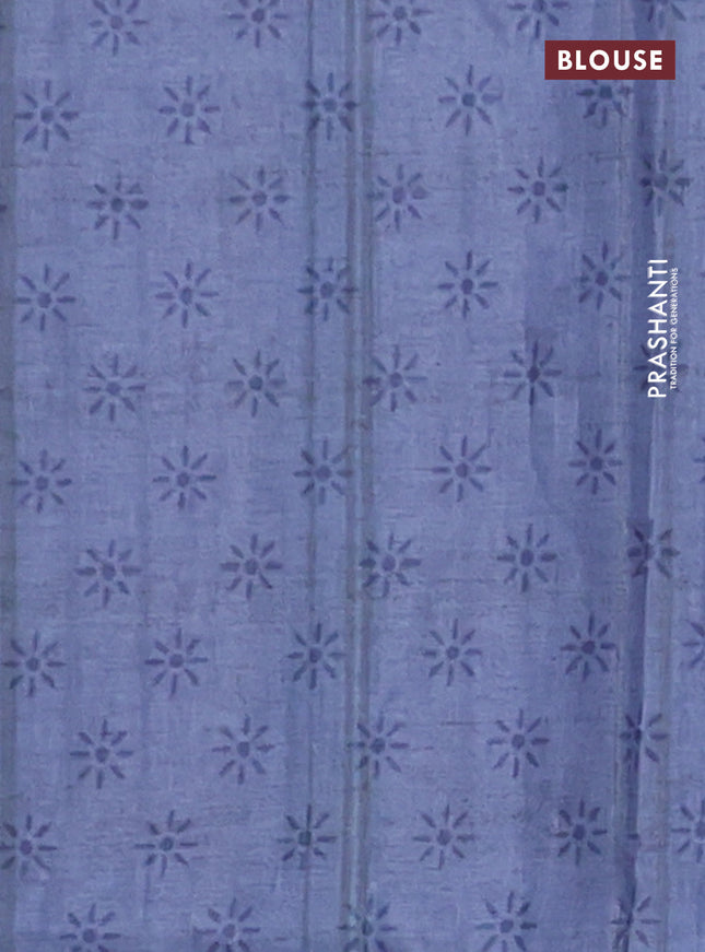Semi tussar saree beige and blue with allover geometric prints and kantha stitch work border