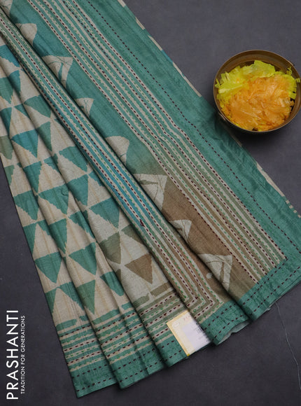 Semi tussar saree beige and teal green with allover geometric prints and kantha stitch work border