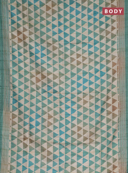 Semi tussar saree beige and teal green with allover geometric prints and kantha stitch work border