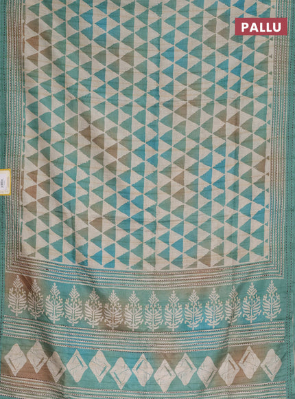 Semi tussar saree beige and teal green with allover geometric prints and kantha stitch work border