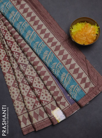 Semi tussar saree beige and rust shade with allover geometric prints and kantha stitch work border