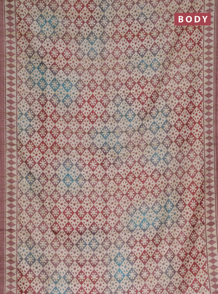 Semi tussar saree beige and rust shade with allover geometric prints and kantha stitch work border