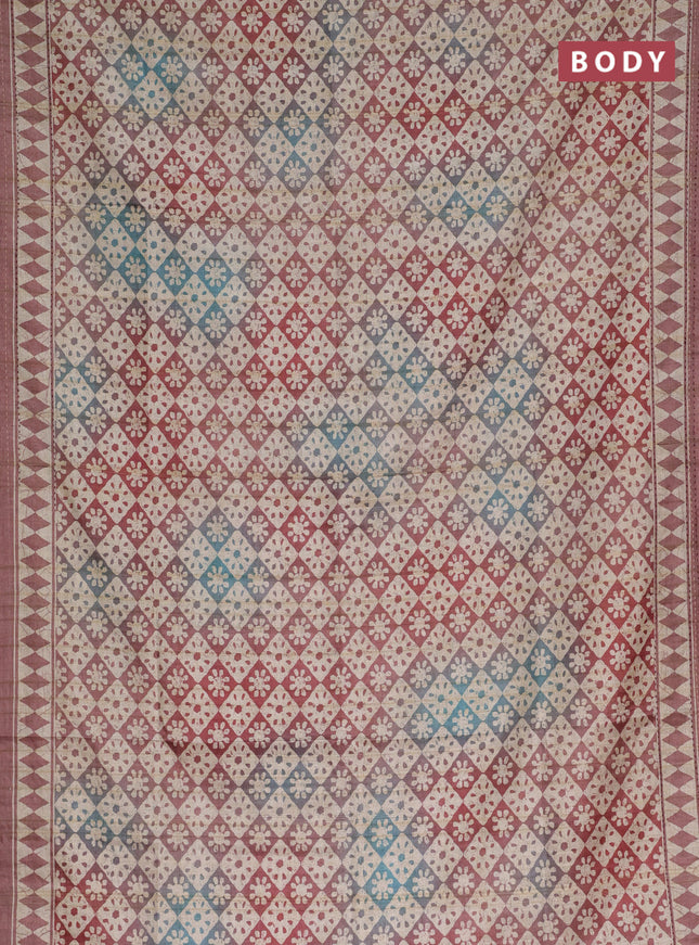 Semi tussar saree beige and rust shade with allover geometric prints and kantha stitch work border