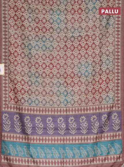 Semi tussar saree beige and rust shade with allover geometric prints and kantha stitch work border