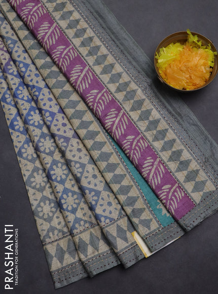 Semi tussar saree multi colour and grey shade with allover geometric prints and kantha stitch work border