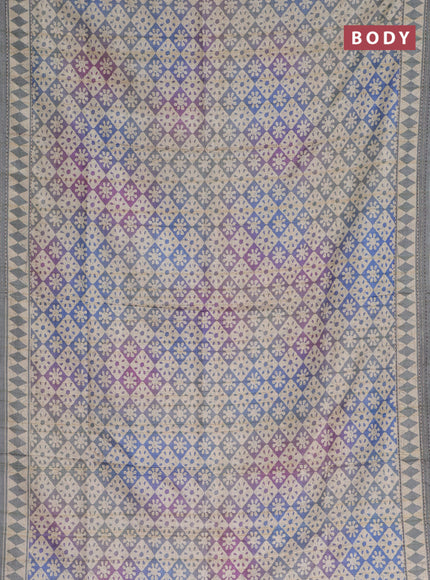 Semi tussar saree multi colour and grey shade with allover geometric prints and kantha stitch work border