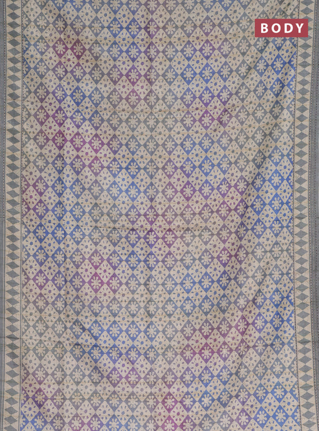 Semi tussar saree multi colour and grey shade with allover geometric prints and kantha stitch work border