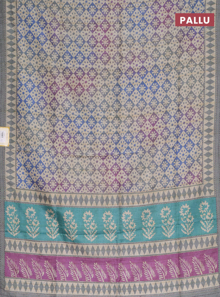 Semi tussar saree multi colour and grey shade with allover geometric prints and kantha stitch work border