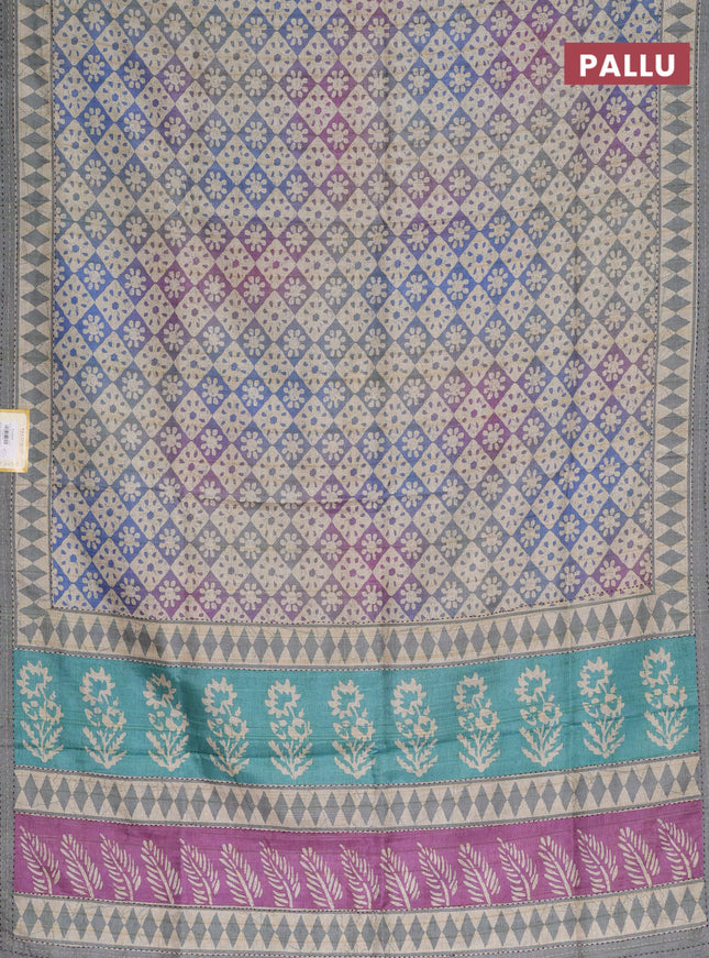 Semi tussar saree multi colour and grey shade with allover geometric prints and kantha stitch work border