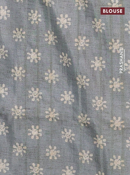 Semi tussar saree multi colour and grey shade with allover geometric prints and kantha stitch work border