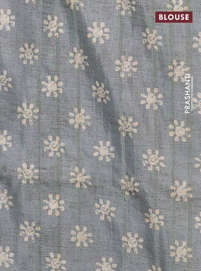 Semi tussar saree multi colour and grey shade with allover geometric prints and kantha stitch work border