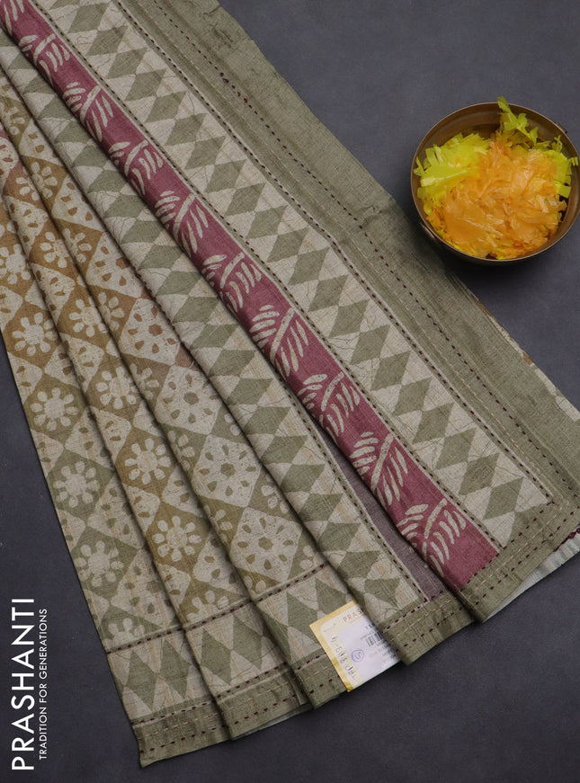 Semi tussar saree multi colour and elaichi green with allover geometric prints and kantha stitch work border