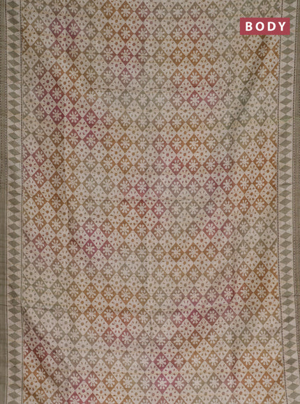 Semi tussar saree multi colour and elaichi green with allover geometric prints and kantha stitch work border