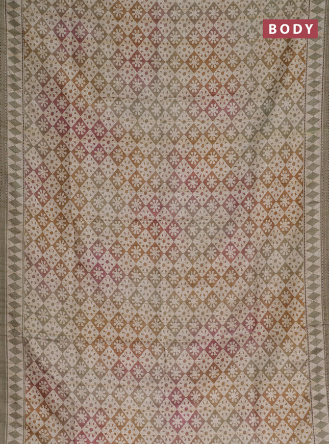 Semi tussar saree multi colour and elaichi green with allover geometric prints and kantha stitch work border