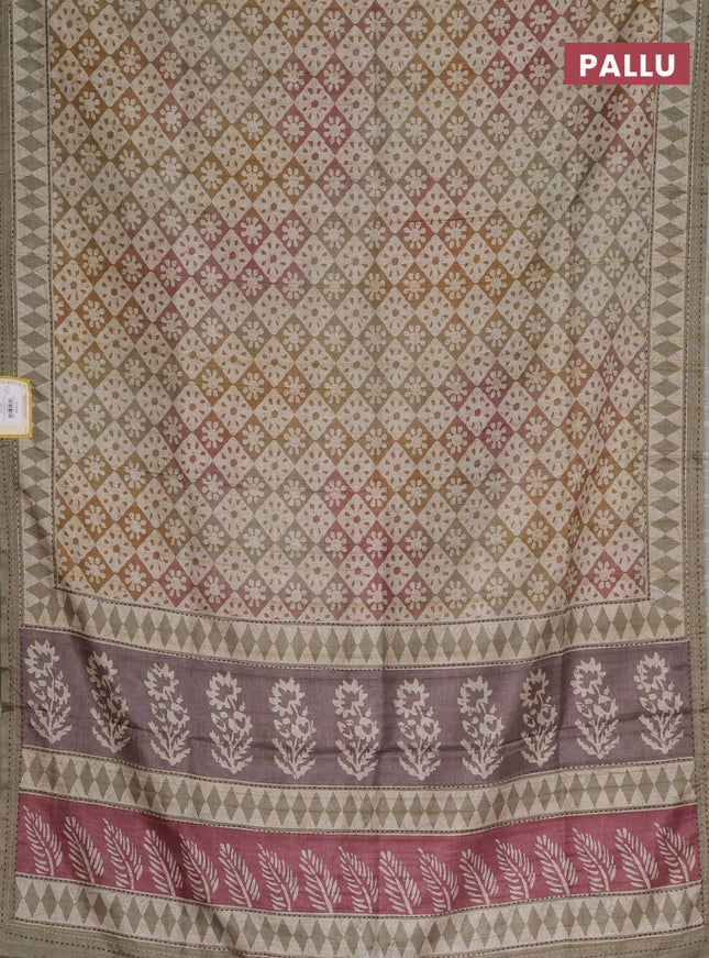 Semi tussar saree multi colour and elaichi green with allover geometric prints and kantha stitch work border