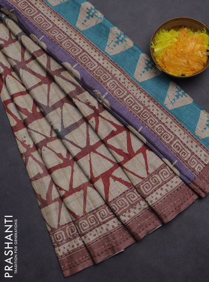 Semi tussar saree beige and pastel brown with allover geometric prints and kantha stitch work border