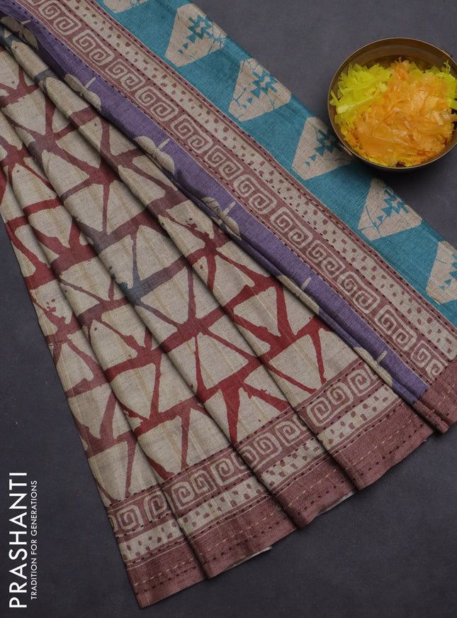 Semi tussar saree beige and pastel brown with allover geometric prints and kantha stitch work border
