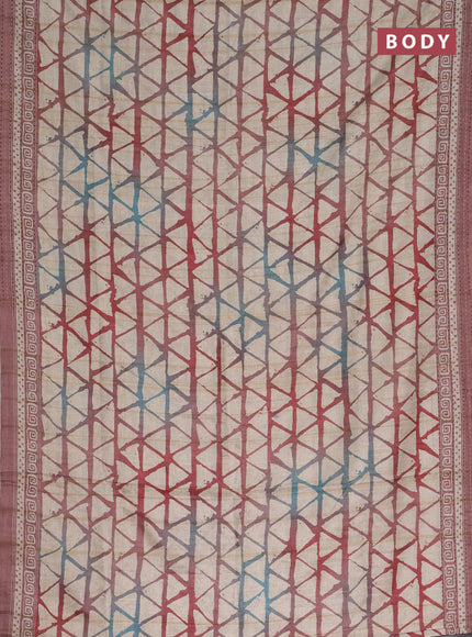 Semi tussar saree beige and pastel brown with allover geometric prints and kantha stitch work border