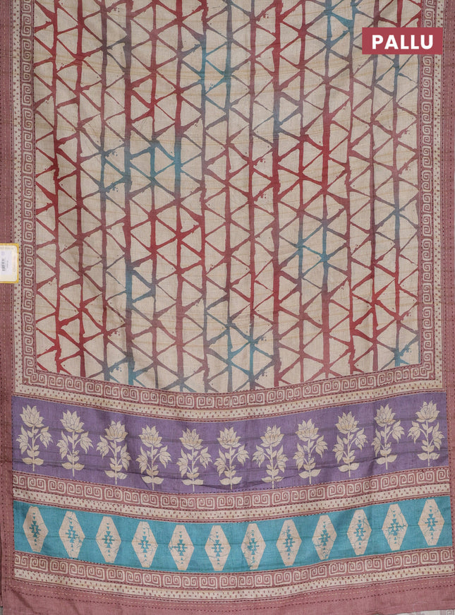 Semi tussar saree beige and pastel brown with allover geometric prints and kantha stitch work border