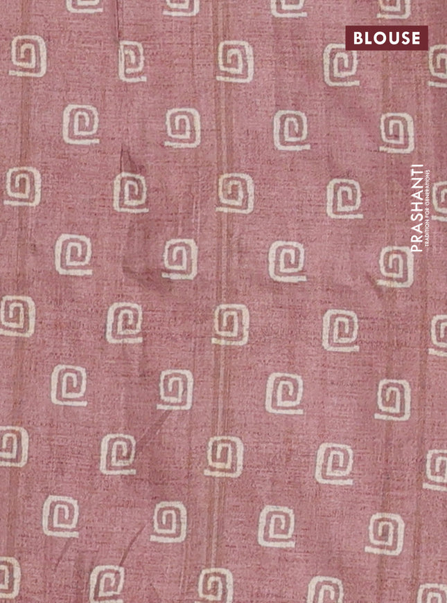 Semi tussar saree beige and pastel brown with allover geometric prints and kantha stitch work border