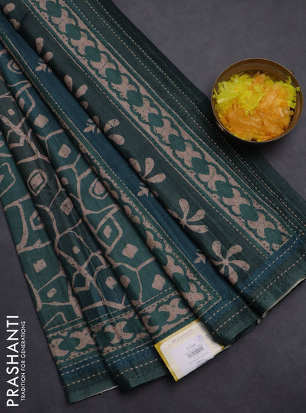 Semi tussar saree dark green with allover prints and kantha stitch work border