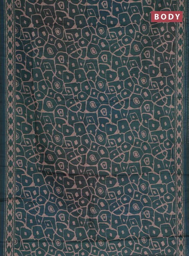 Semi tussar saree dark green with allover prints and kantha stitch work border