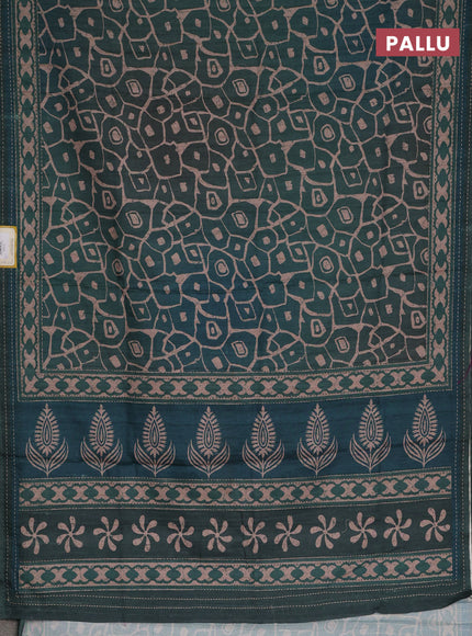 Semi tussar saree dark green with allover prints and kantha stitch work border