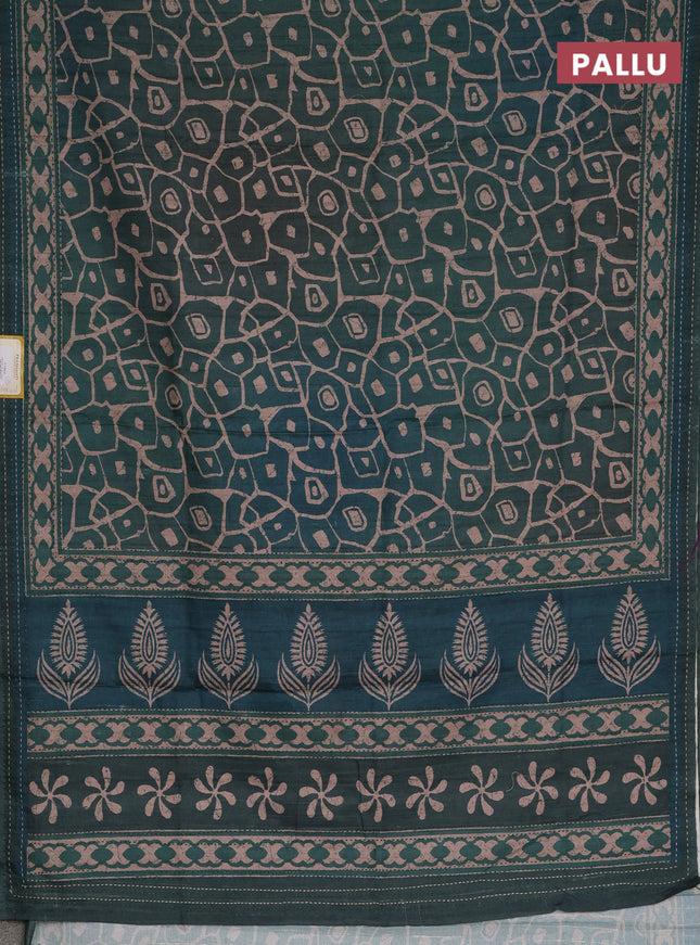 Semi tussar saree dark green with allover prints and kantha stitch work border