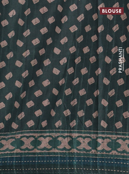 Semi tussar saree dark green with allover prints and kantha stitch work border