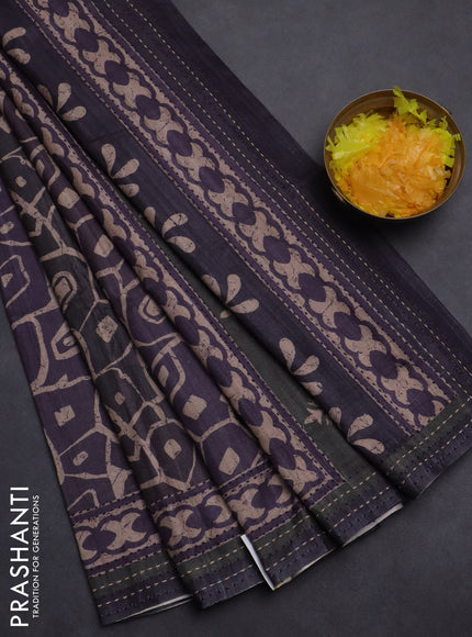 Semi tussar saree deep wine with allover prints and kantha stitch work border