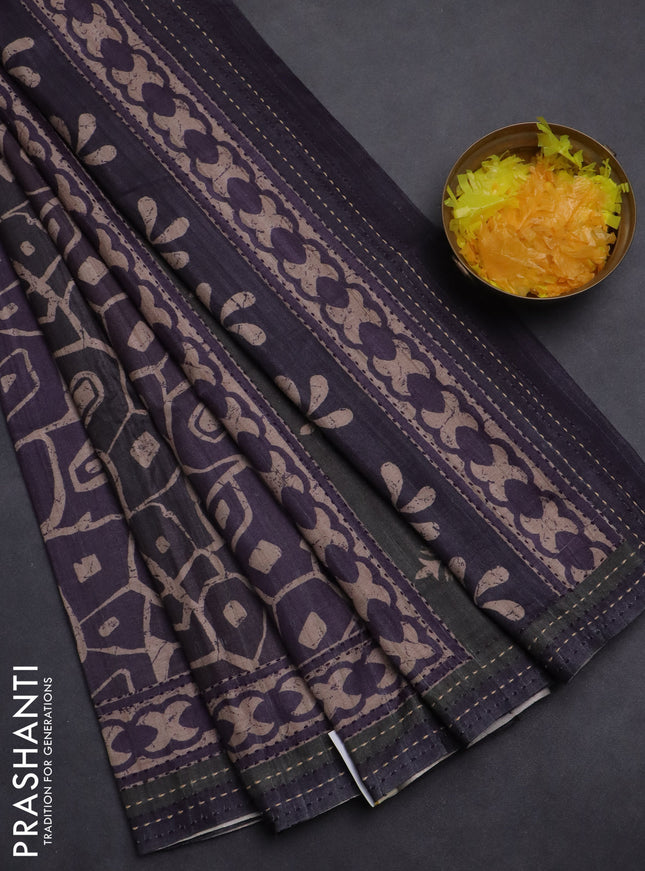 Semi tussar saree deep wine with allover prints and kantha stitch work border