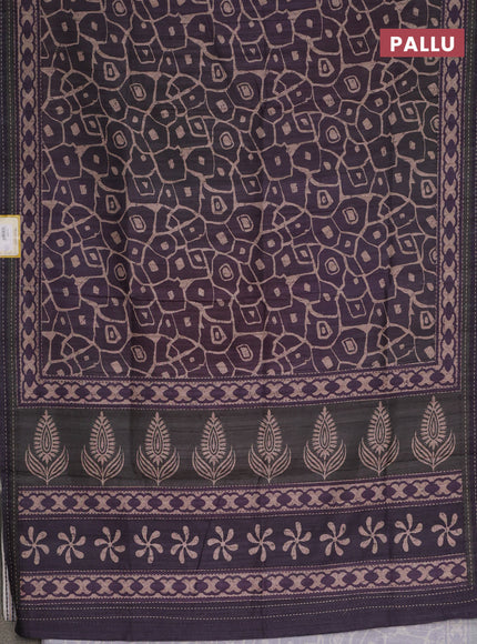 Semi tussar saree deep wine with allover prints and kantha stitch work border