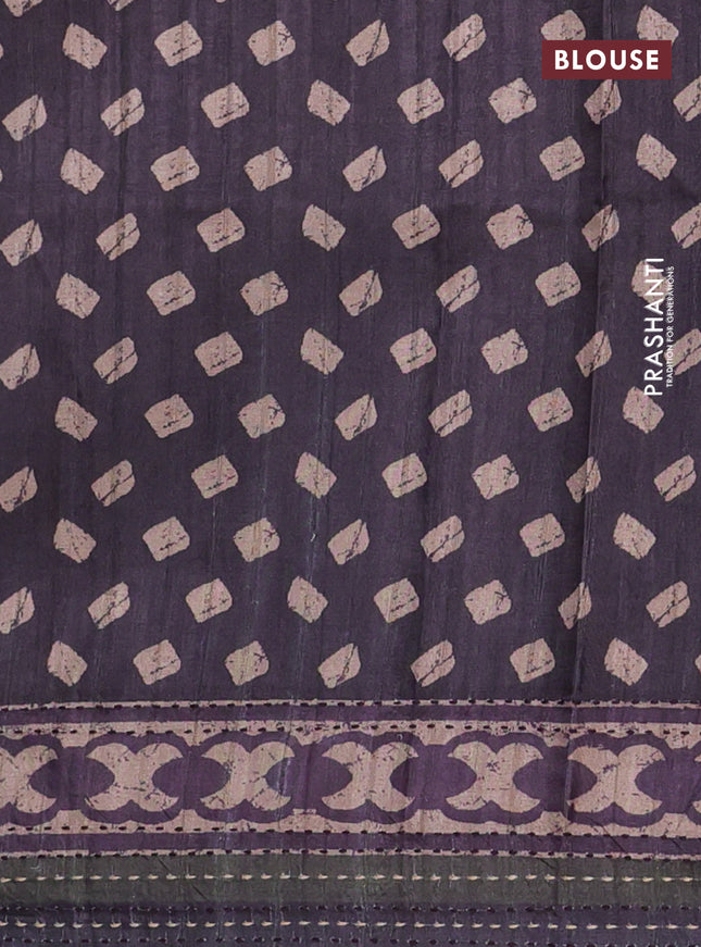 Semi tussar saree deep wine with allover prints and kantha stitch work border