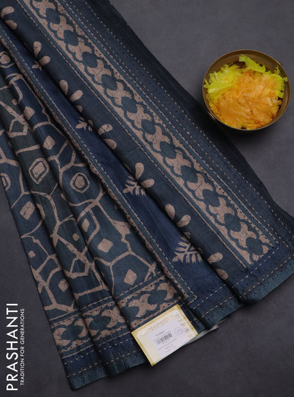 Semi tussar saree dark peacock green with allover prints and kantha stitch work border