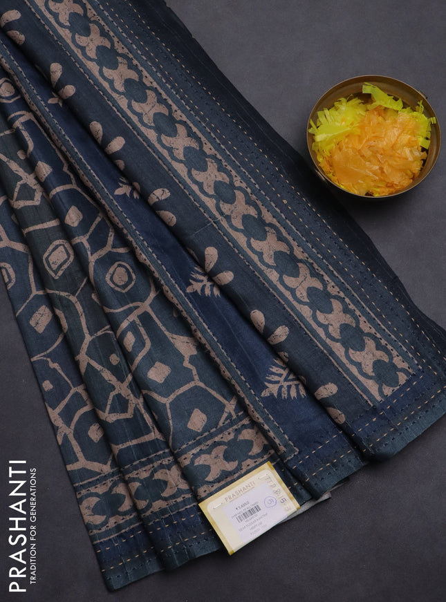 Semi tussar saree dark peacock green with allover prints and kantha stitch work border