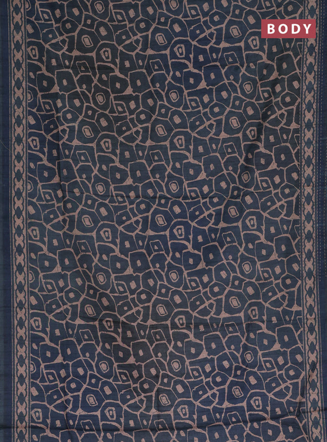 Semi tussar saree dark peacock green with allover prints and kantha stitch work border