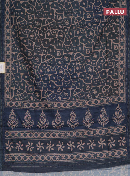 Semi tussar saree dark peacock green with allover prints and kantha stitch work border